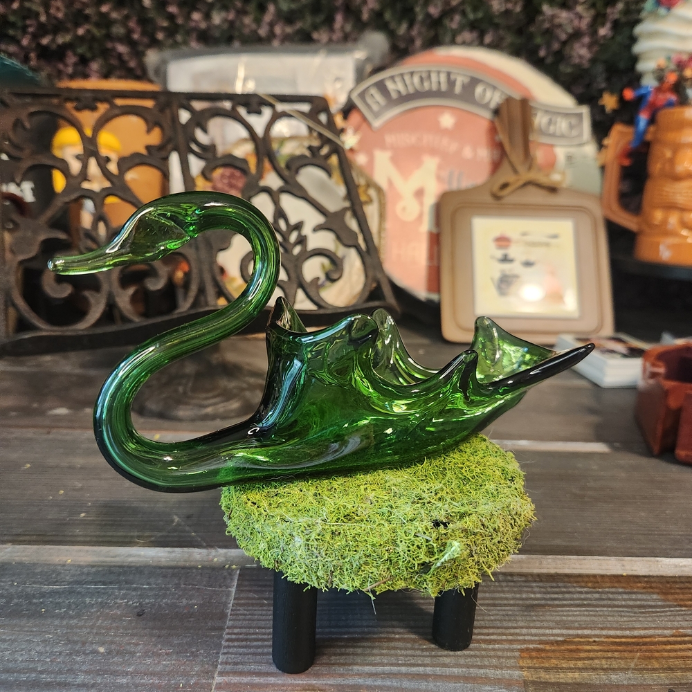 Blown Glass Green Swan MCM Style Bkow Glass Vintage Swan Handmade